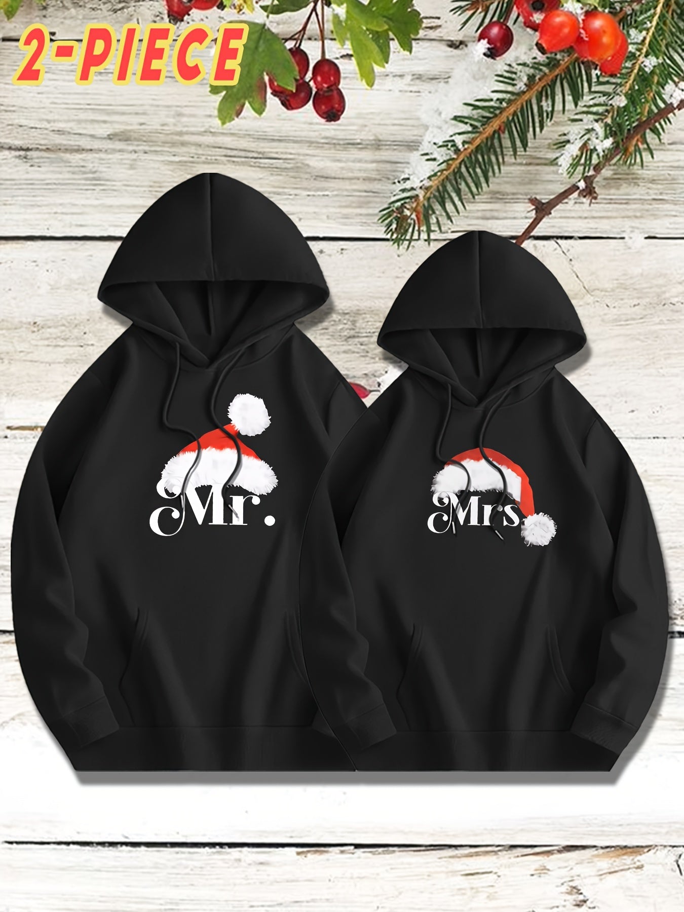 KOURRTER Christmas Hoodie Set - 2pcs, Casual Polyester Knit Fabric with Slight Stretch, Geometric Santa Hat Print, Mr. & Mrs. Design, Regular Fit with Pockets, Fall/Winter Season