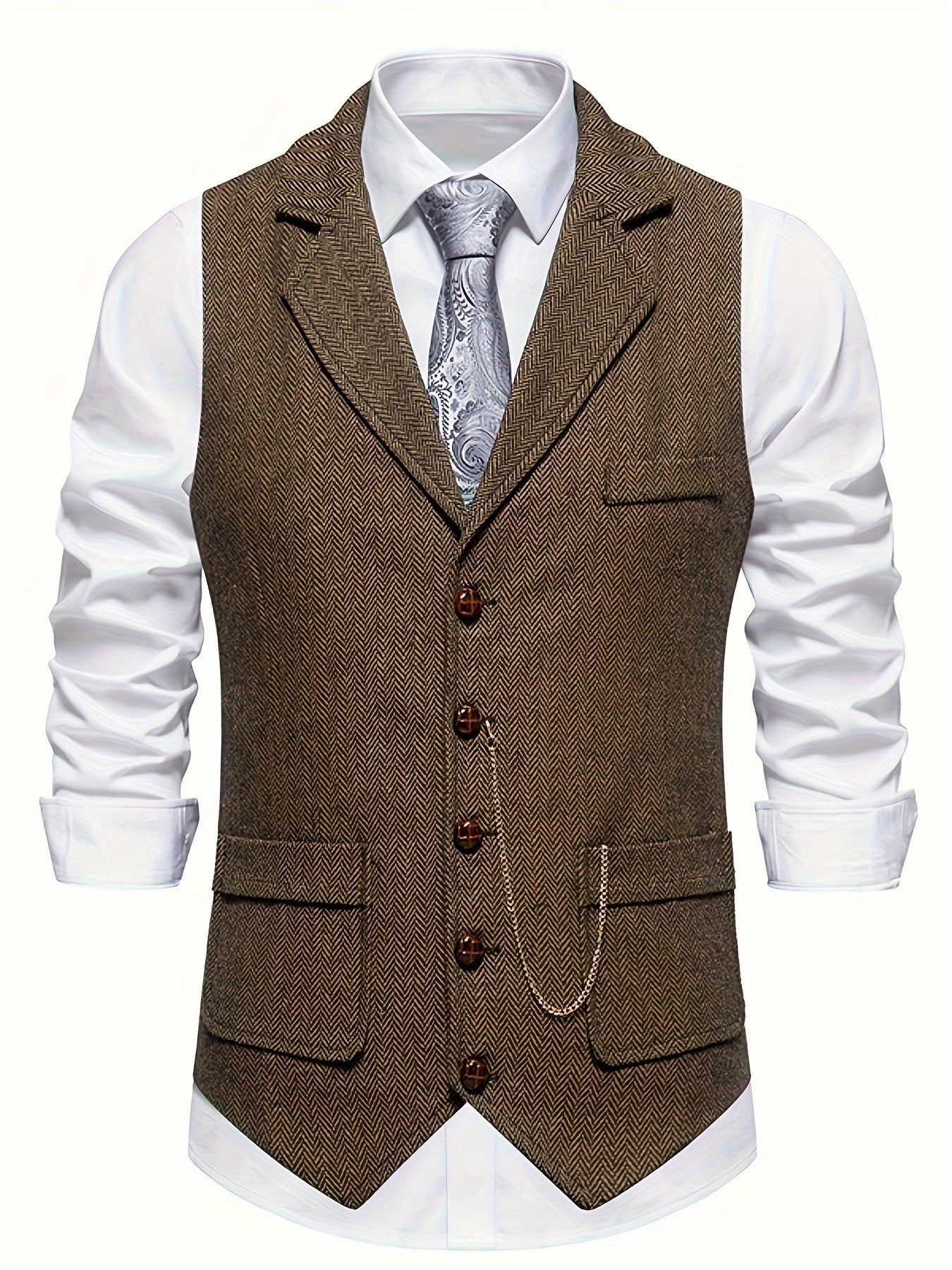 Single Breasted Men's Retro Herringbone Elegant Lapel Dress Waistcoat for Business Banquet Wedding