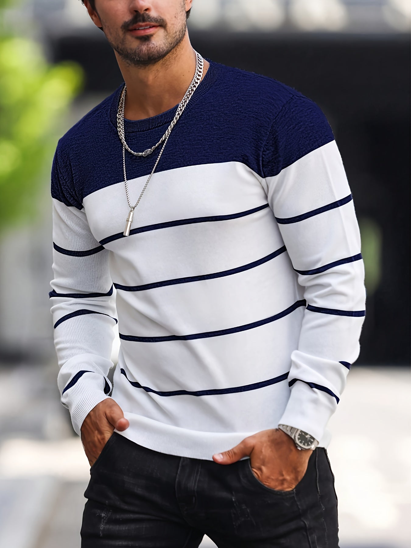 Men's Classic Striped Knit Pullover Sweater - Soft Medium Stretch Fabric, Crew Neck, Long Sleeve, Rib-Knit Details, Machine Washable - Perfect for Casual Spring and Fall Outings