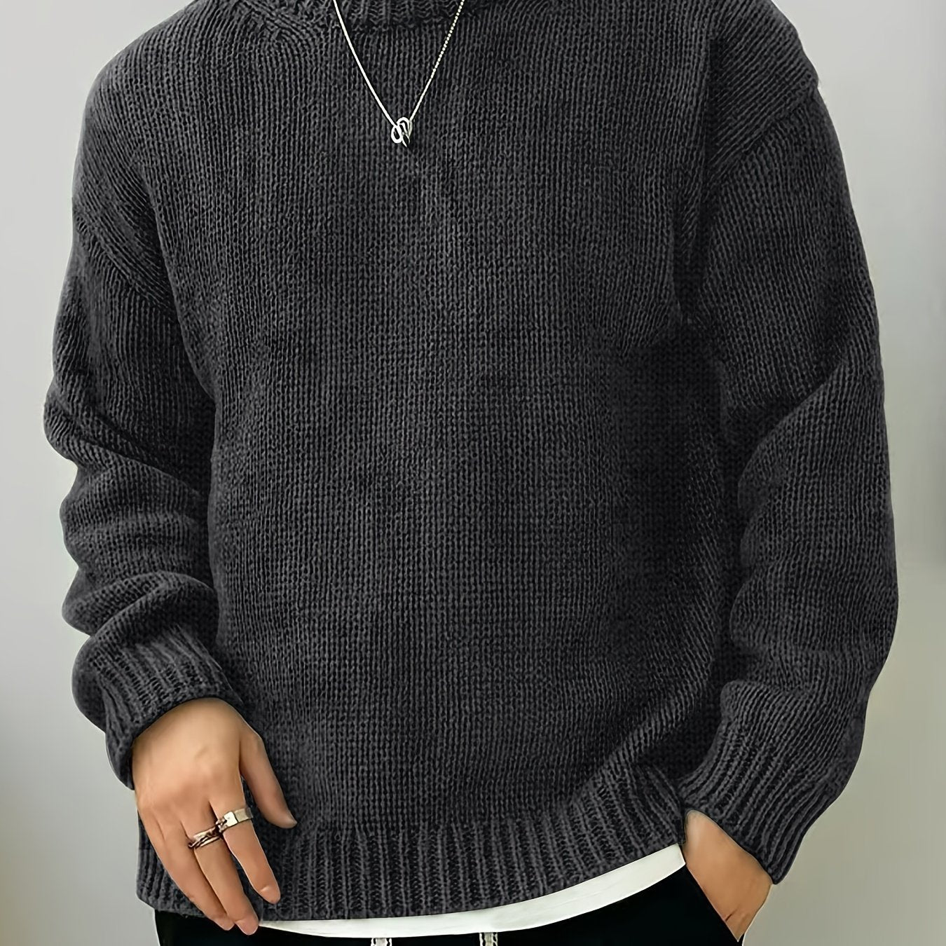 Men's Solid Knitted Pullover, Casual Long Sleeve Crew Neck Sweater For Fall Winter