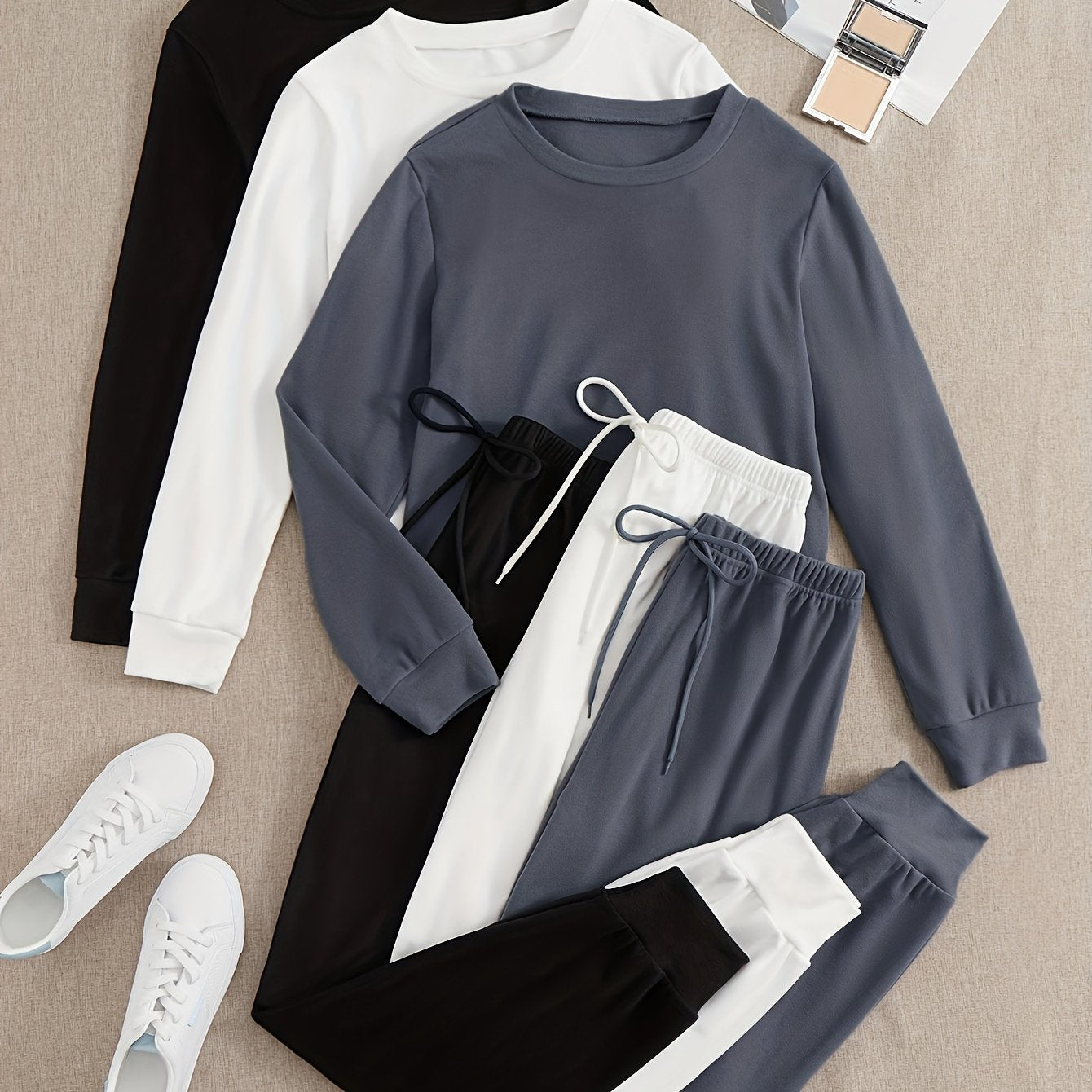 3 Sets Of Women's Activewear Tracksuits, Velvet Fabric, Long Sleeve Tops And Drawstring Pants, Casual Sportswear, Multiple Colors