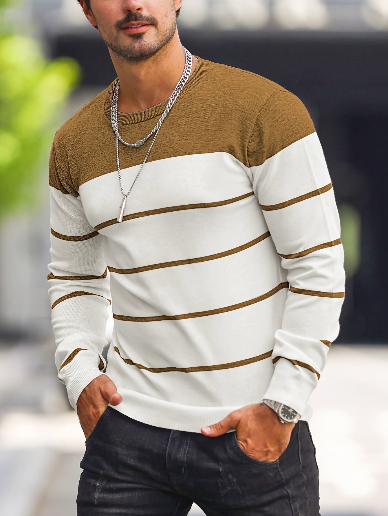 Men's Classic Striped Knit Pullover Sweater - Soft Medium Stretch Fabric, Crew Neck, Long Sleeve, Rib-Knit Details, Machine Washable - Perfect for Casual Spring and Fall Outings