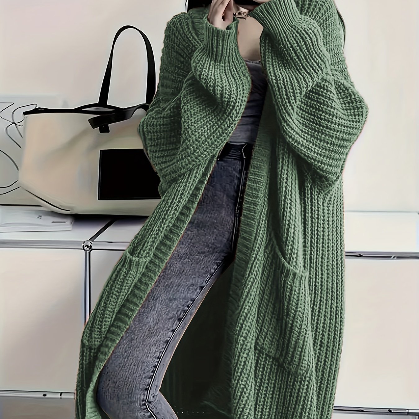 Long Length Open Front Loose Knit Cardigan