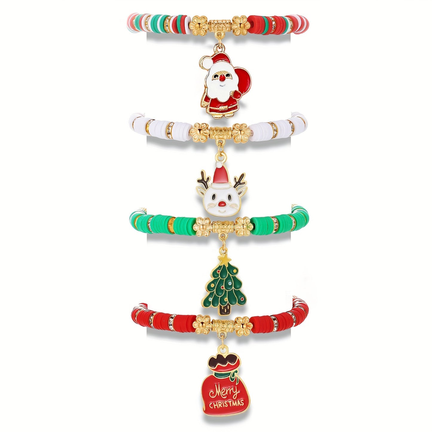 Festive, Elegant 4pcs Christmas Charm Bracelet Set - Santa, Tree & Lucky Bag Designs with Soft Clay Beads - Perfect for Daily Wear or Gifting