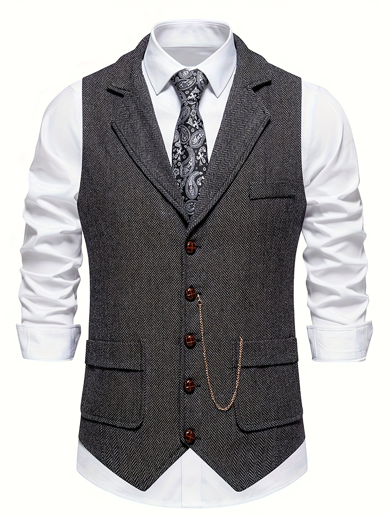 Single Breasted Men's Retro Herringbone Elegant Lapel Dress Waistcoat for Business Banquet Wedding