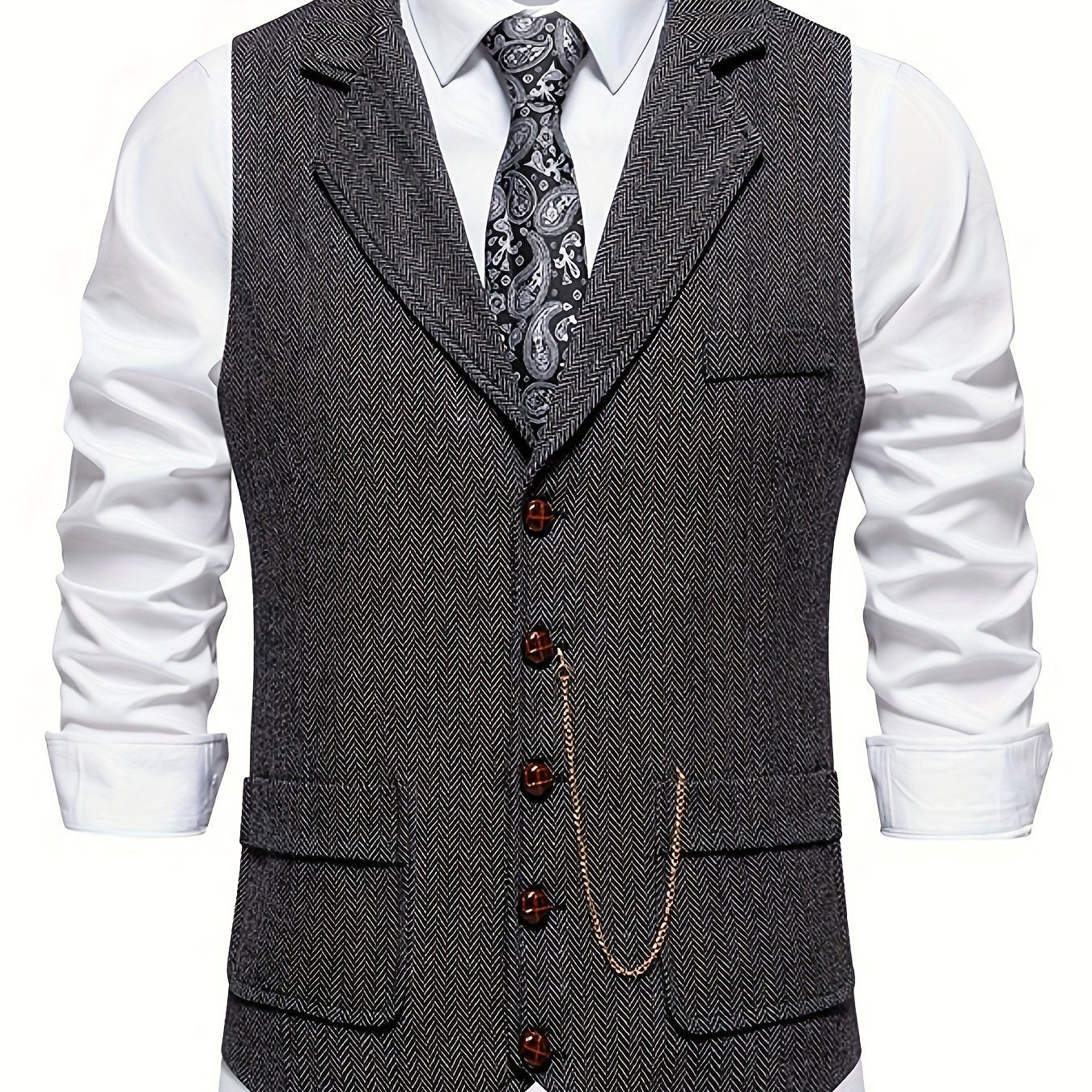 Single Breasted Men's Retro Herringbone Elegant Lapel Dress Waistcoat for Business Banquet Wedding