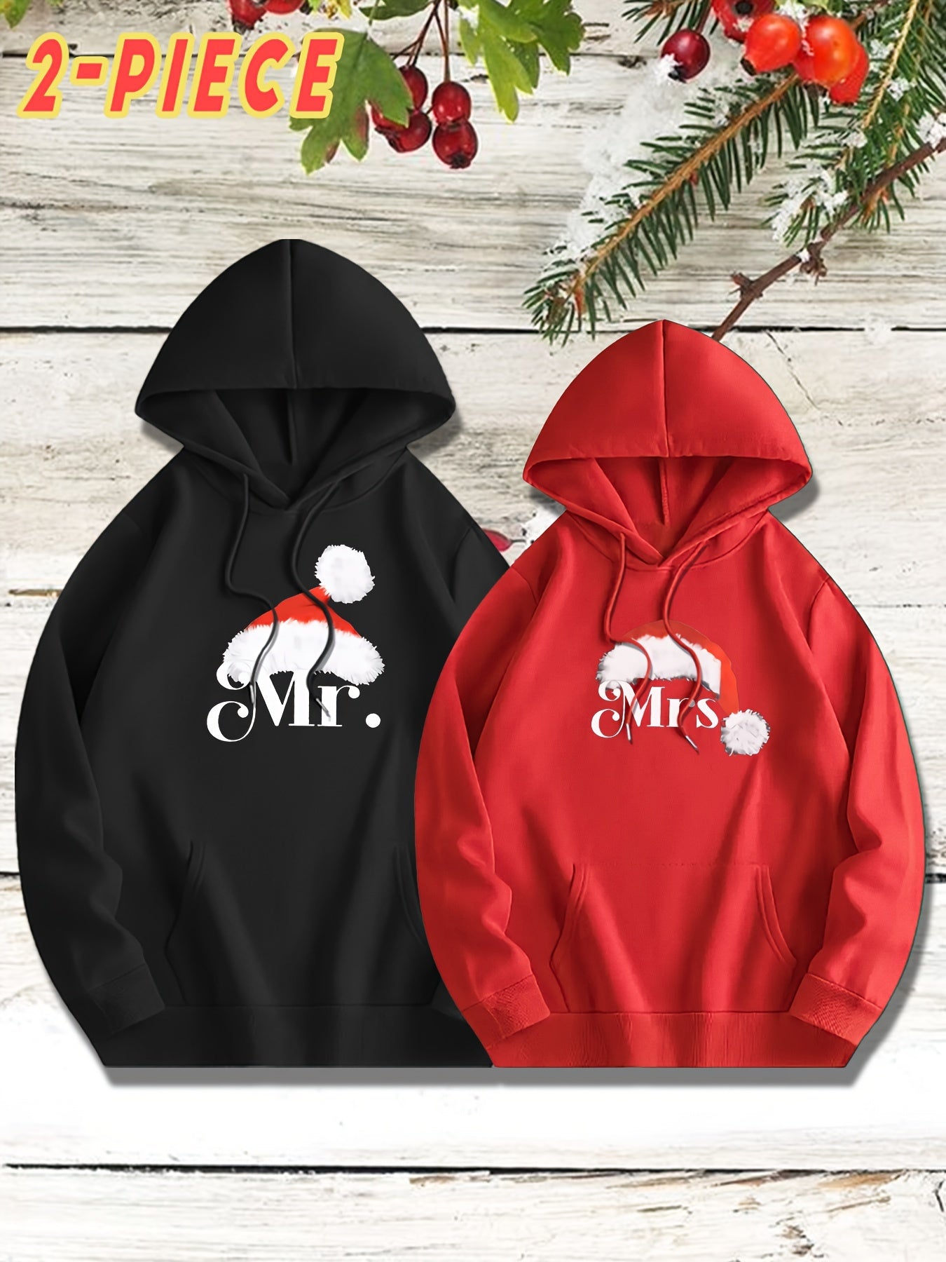 KOURRTER Christmas Hoodie Set - 2pcs, Casual Polyester Knit Fabric with Slight Stretch, Geometric Santa Hat Print, Mr. & Mrs. Design, Regular Fit with Pockets, Fall/Winter Season