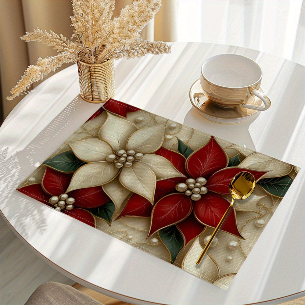 4-Pack Christmas Poinsettia Placemats, Polyester Table Mats, Rectangular Washable Kitchen Dining Decor, Machine Washable, Suige Home Brand