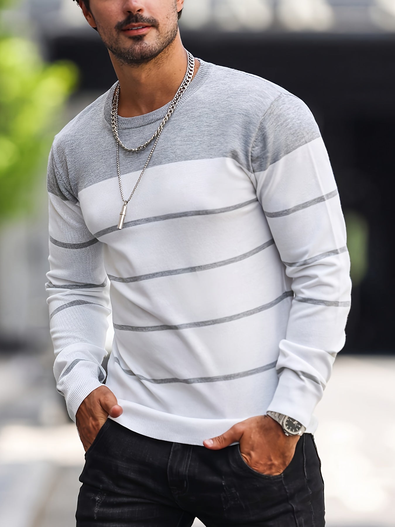 Men's Classic Striped Knit Pullover Sweater - Soft Medium Stretch Fabric, Crew Neck, Long Sleeve, Rib-Knit Details, Machine Washable - Perfect for Casual Spring and Fall Outings