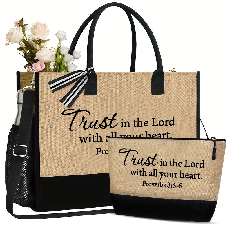 TRUST in the LORD Inspirational Scripture Tote Bag Set - 2pcs, Fabric Shoulder Bag with Zip Closure and Matching Cosmetic Pouch, Portable Travel Beach Bag, Hand Washable