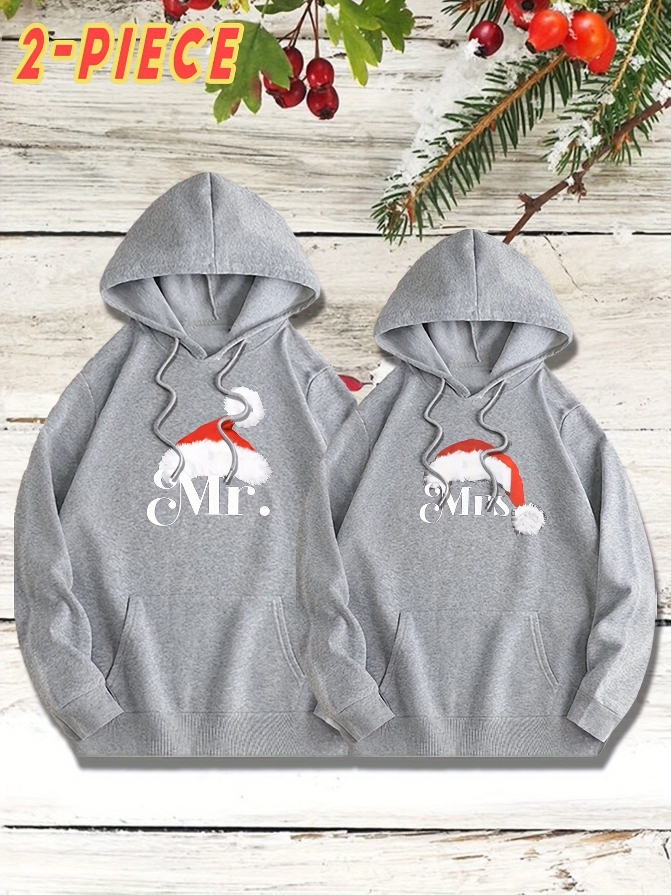 KOURRTER Christmas Hoodie Set - 2pcs, Casual Polyester Knit Fabric with Slight Stretch, Geometric Santa Hat Print, Mr. & Mrs. Design, Regular Fit with Pockets, Fall/Winter Season