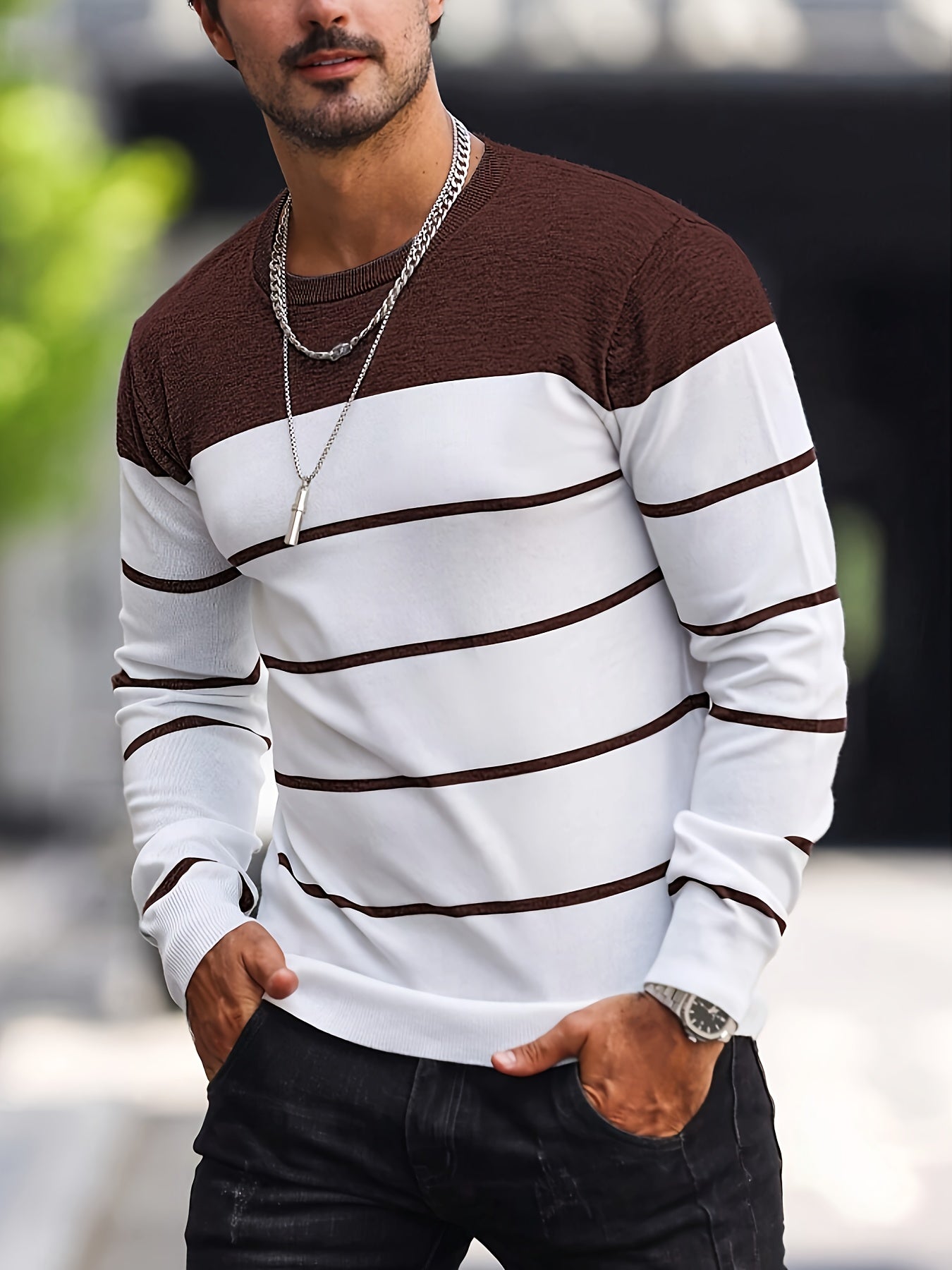 Men's Classic Striped Knit Pullover Sweater - Soft Medium Stretch Fabric, Crew Neck, Long Sleeve, Rib-Knit Details, Machine Washable - Perfect for Casual Spring and Fall Outings