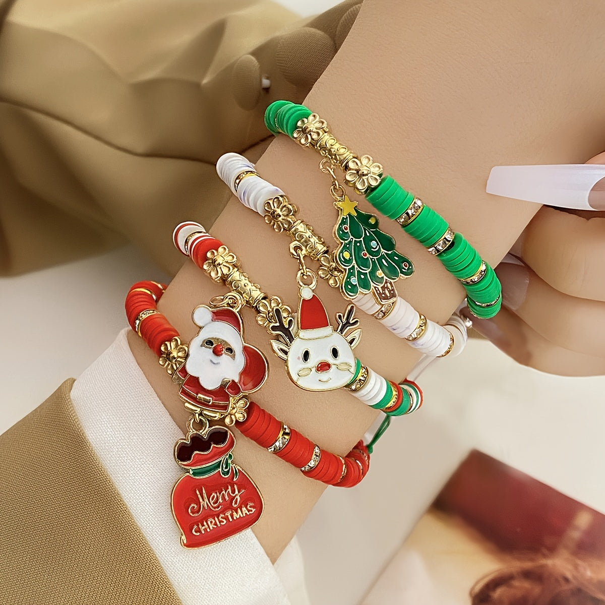 Festive, Elegant 4pcs Christmas Charm Bracelet Set - Santa, Tree & Lucky Bag Designs with Soft Clay Beads - Perfect for Daily Wear or Gifting