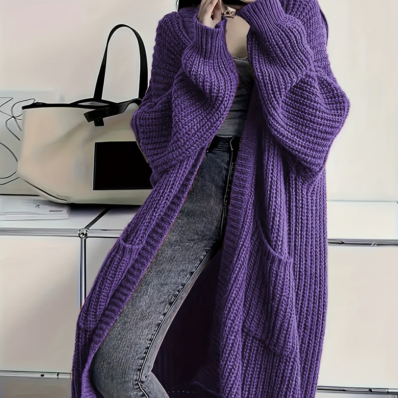 Long Length Open Front Loose Knit Cardigan