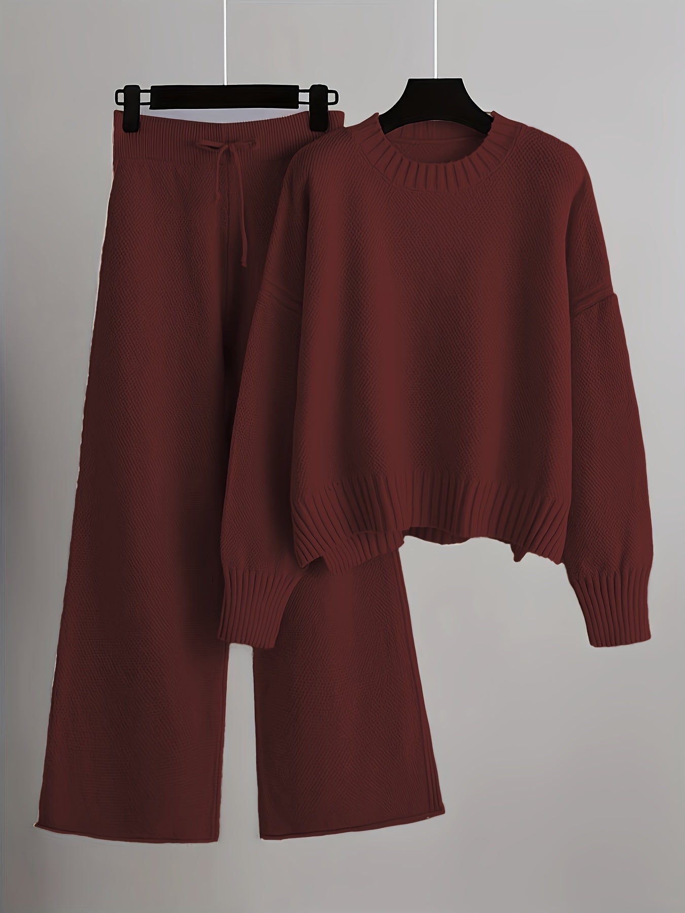 Cozy Knit Pants Set Drawstring Waist Wide Leg Pants