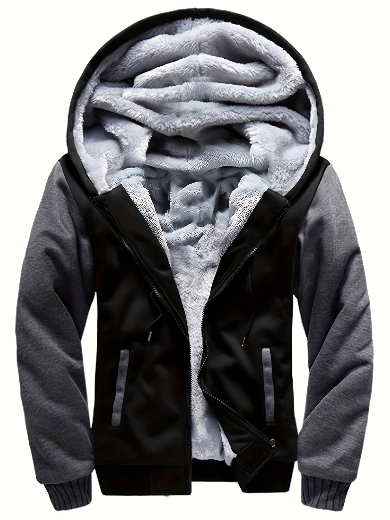 Men's Warm Fleece Hooded Jacket, Casual Color Block Jacket Coat For Fall Winter