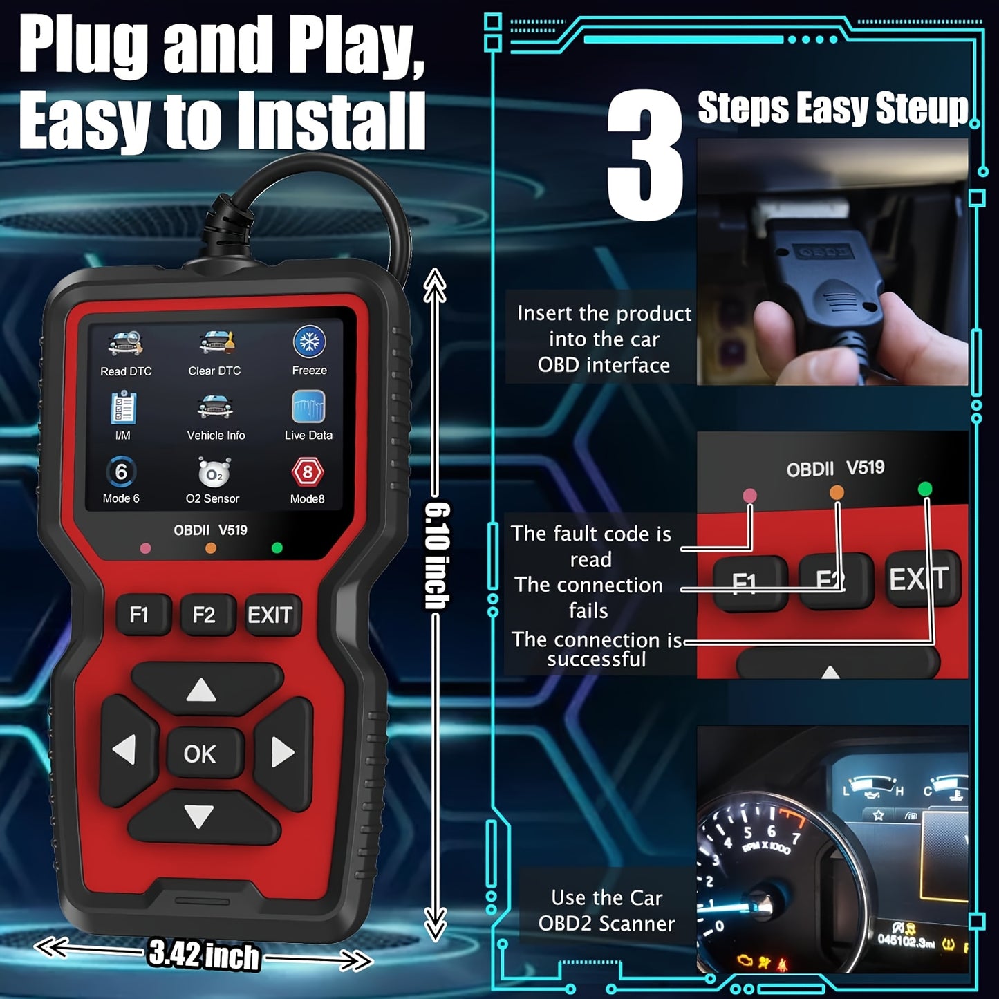 OBD2 Scanner Tool - Professional Diagnostic Code Reader with Live Data for Check Engine Light, OBDII Vehicle Compatibility