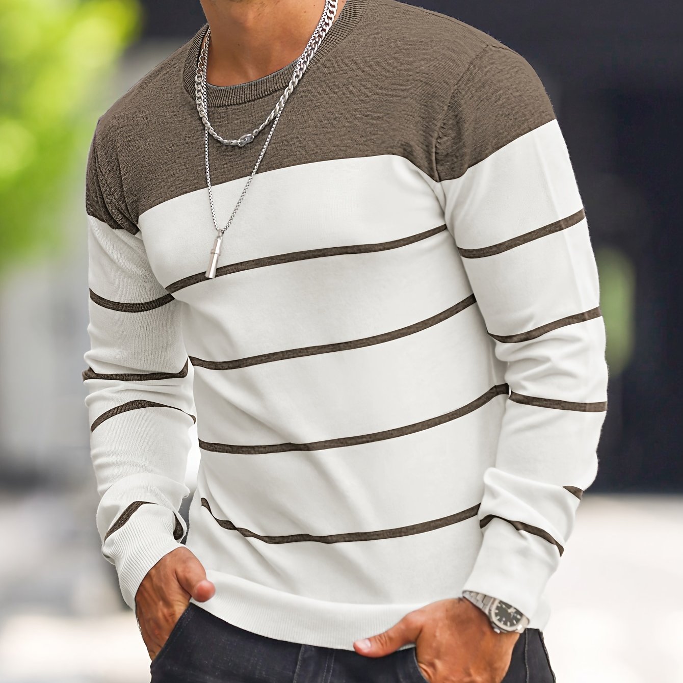 Men's Classic Striped Knit Pullover Sweater - Soft Medium Stretch Fabric, Crew Neck, Long Sleeve, Rib-Knit Details, Machine Washable - Perfect for Casual Spring and Fall Outings