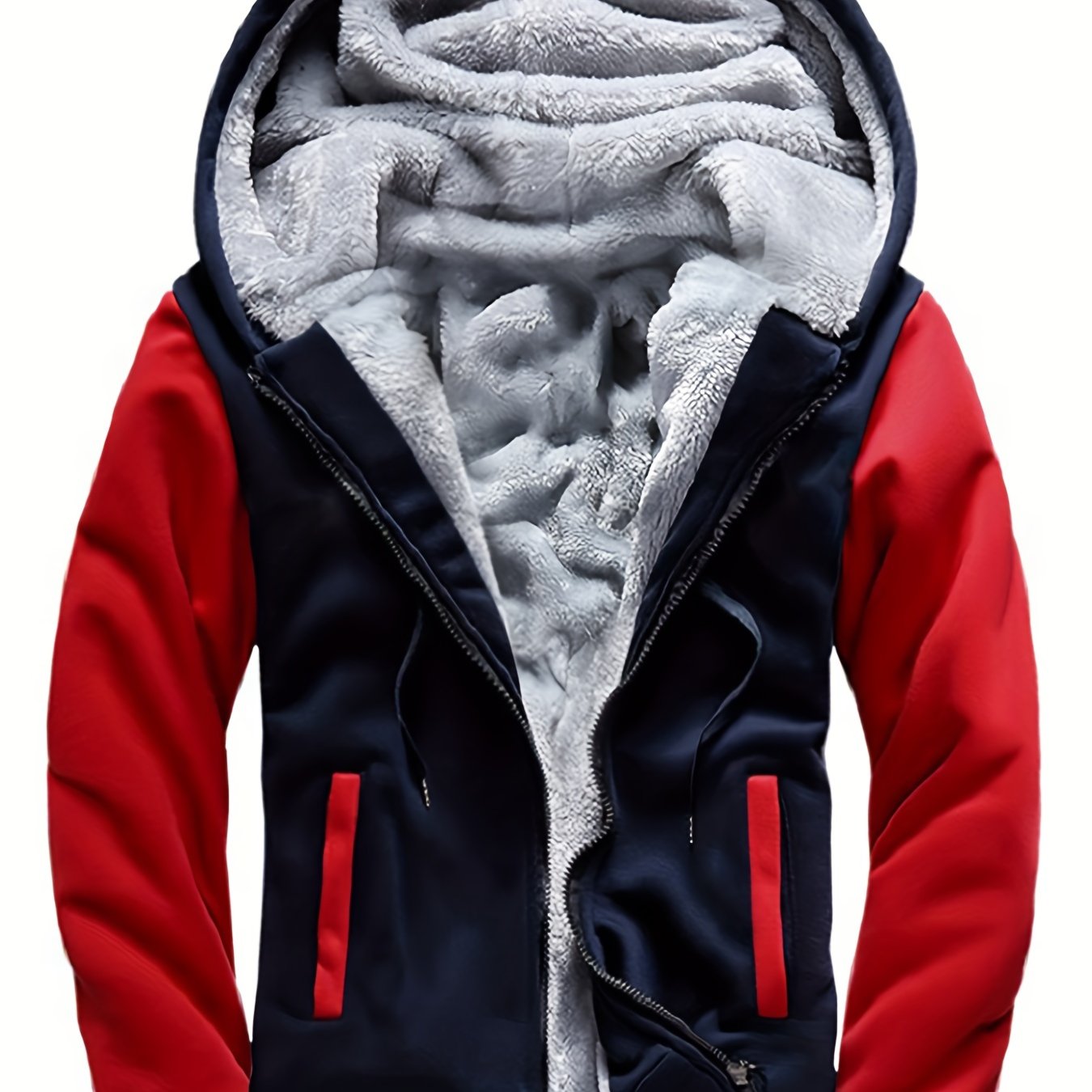 Men's Warm Fleece Hooded Jacket, Casual Color Block Jacket Coat For Fall Winter