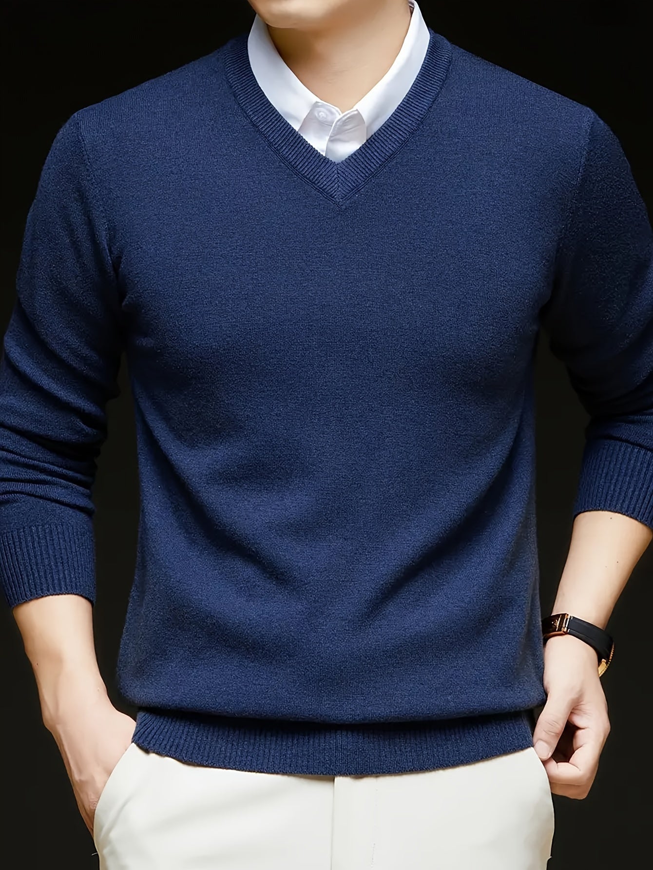 Men's Casual V-Neck Knit Sweater - Solid Color, Stretch Fabric, Long Sleeve Pullover for Fall & Winter