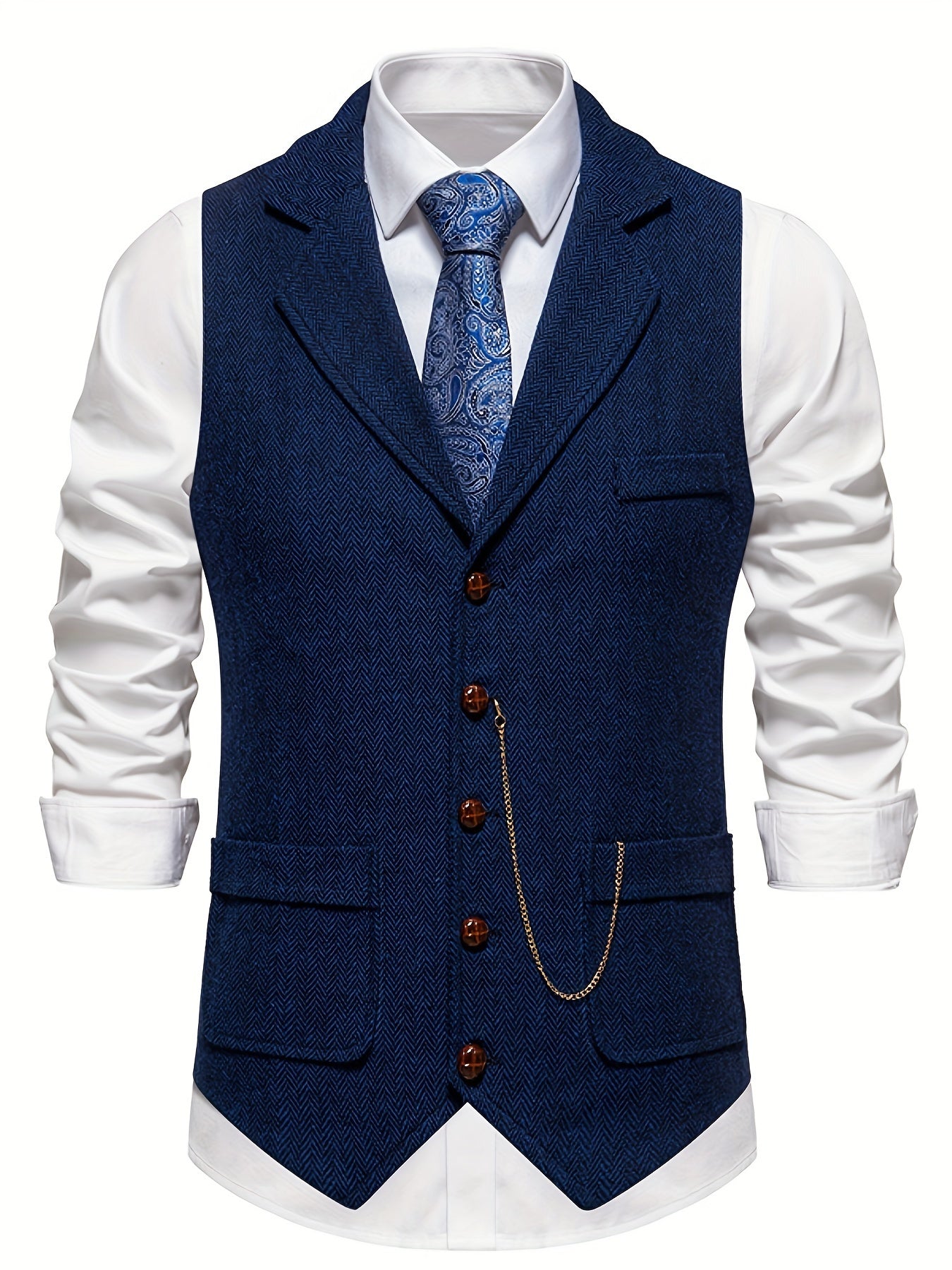 Single Breasted Men's Retro Herringbone Elegant Lapel Dress Waistcoat for Business Banquet Wedding