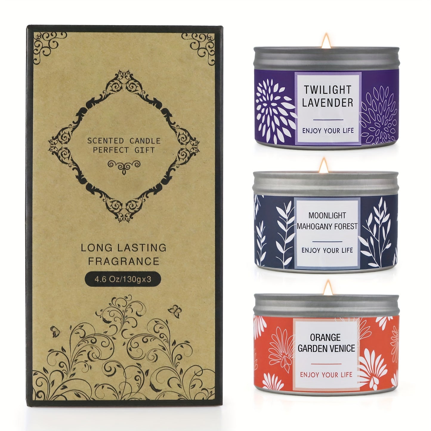 Mahogany teak, Orange blossom, Lavender Scented Candles - Aromatherapy 3pc Candle Set, Burns for 96H