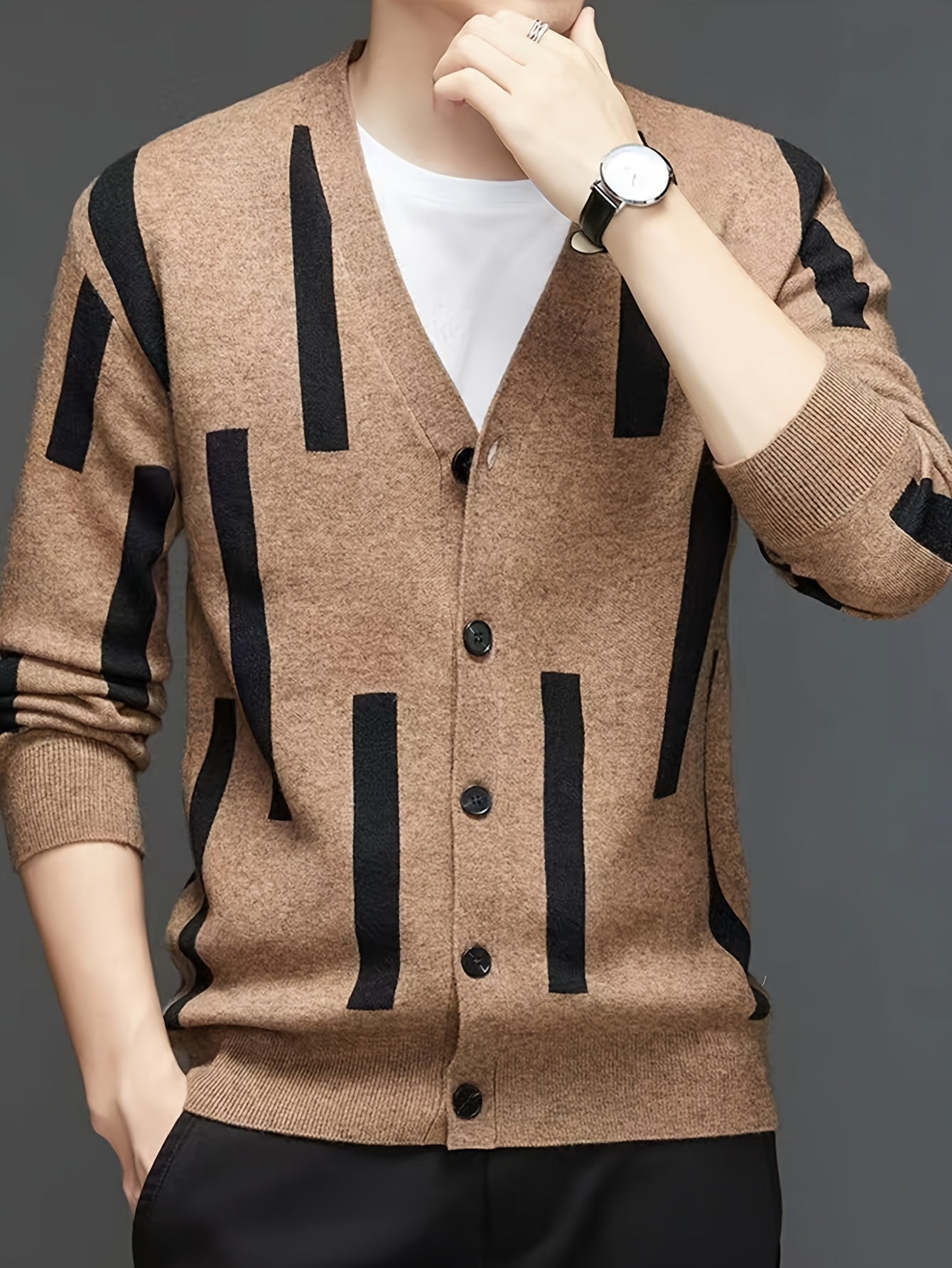 Mid Stretch Men's V-Neck Striped Button Up Cardigan Sweater For Casual Daily Wear