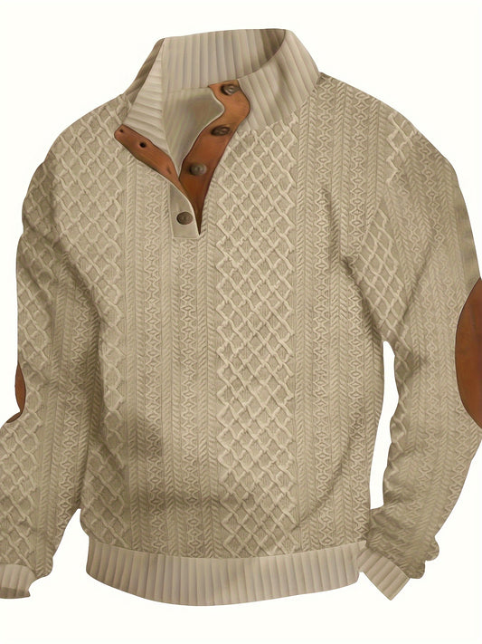 Men's Classic Jacquard Stand Collar Pullover Sweater - Casual Long Sleeve Knit Top for Fall/Winter, Polyester