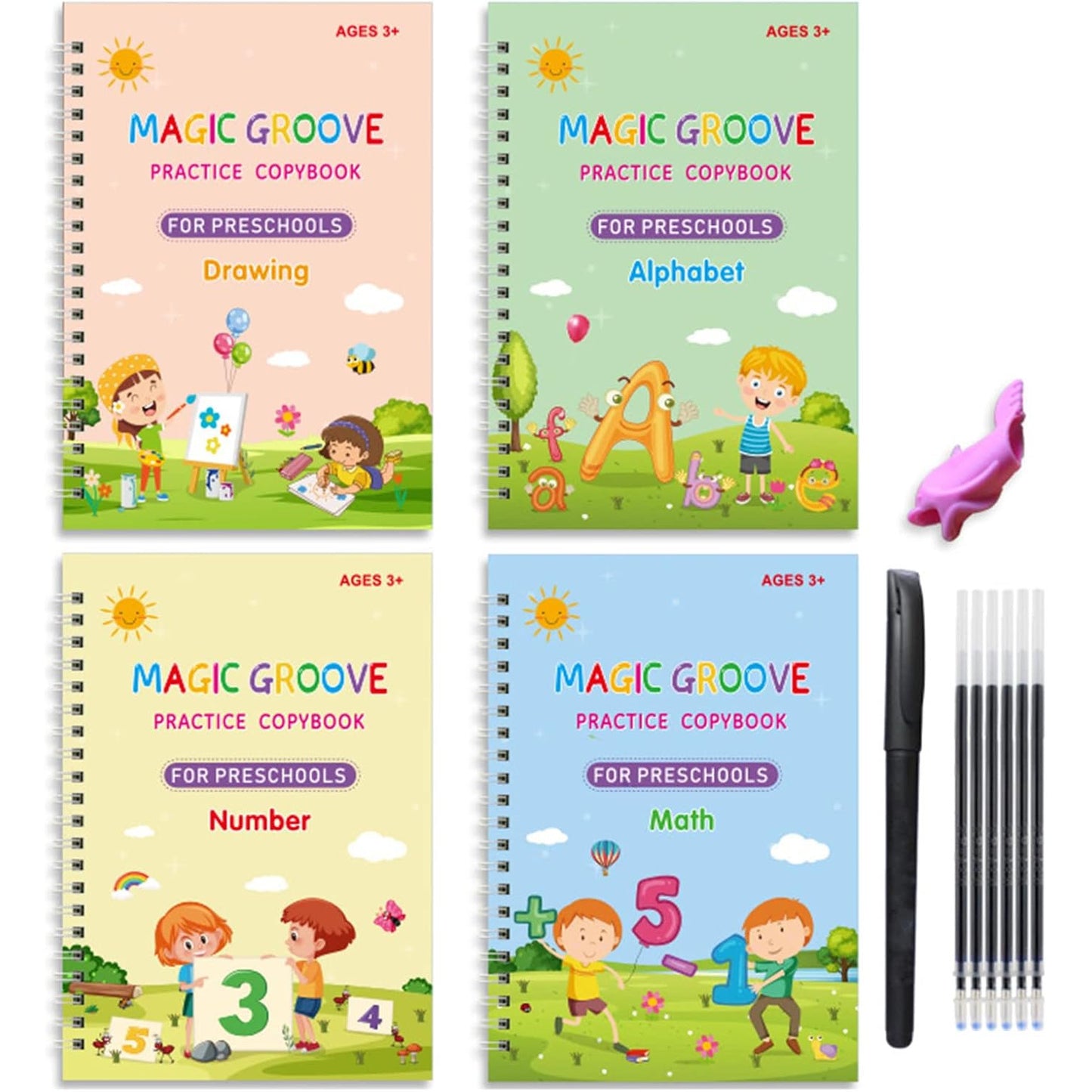 Youngsters' Early Learning Workbook Set with Pen - 4 Books, 6 Refills & Handle - Magic Word Exercise Book for Youngsters - Perfect Gift for Halloween, Christmas & Thanksgiving