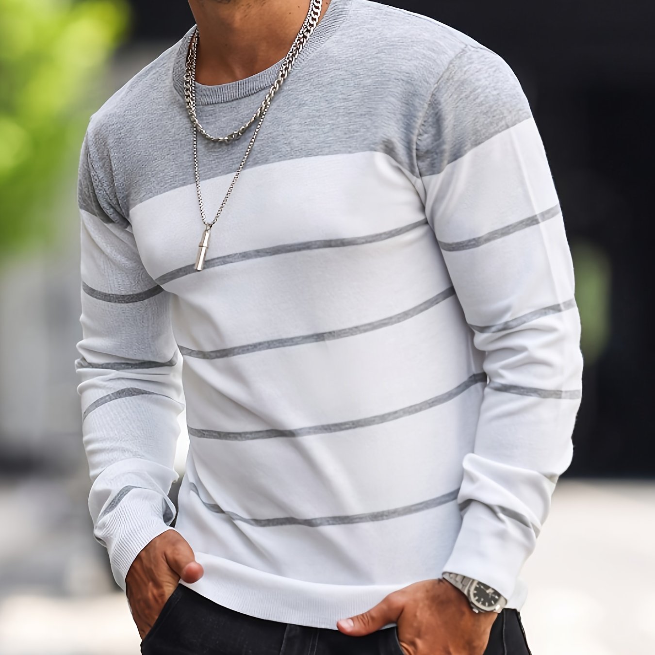 Men's Classic Striped Knit Pullover Sweater - Soft Medium Stretch Fabric, Crew Neck, Long Sleeve, Rib-Knit Details, Machine Washable - Perfect for Casual Spring and Fall Outings