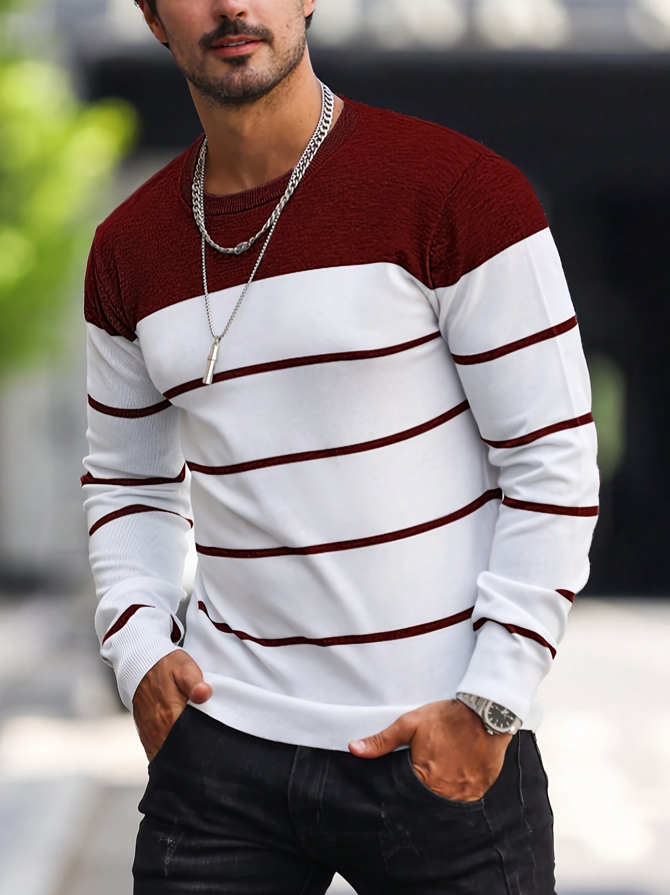 Men's Classic Striped Knit Pullover Sweater - Soft Medium Stretch Fabric, Crew Neck, Long Sleeve, Rib-Knit Details, Machine Washable - Perfect for Casual Spring and Fall Outings