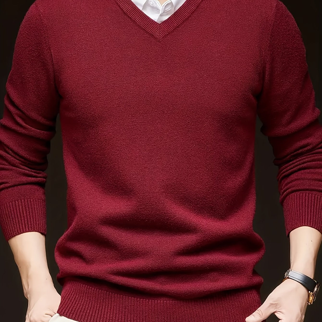 Men's Casual V-Neck Knit Sweater - Solid Color, Stretch Fabric, Long Sleeve Pullover for Fall & Winter