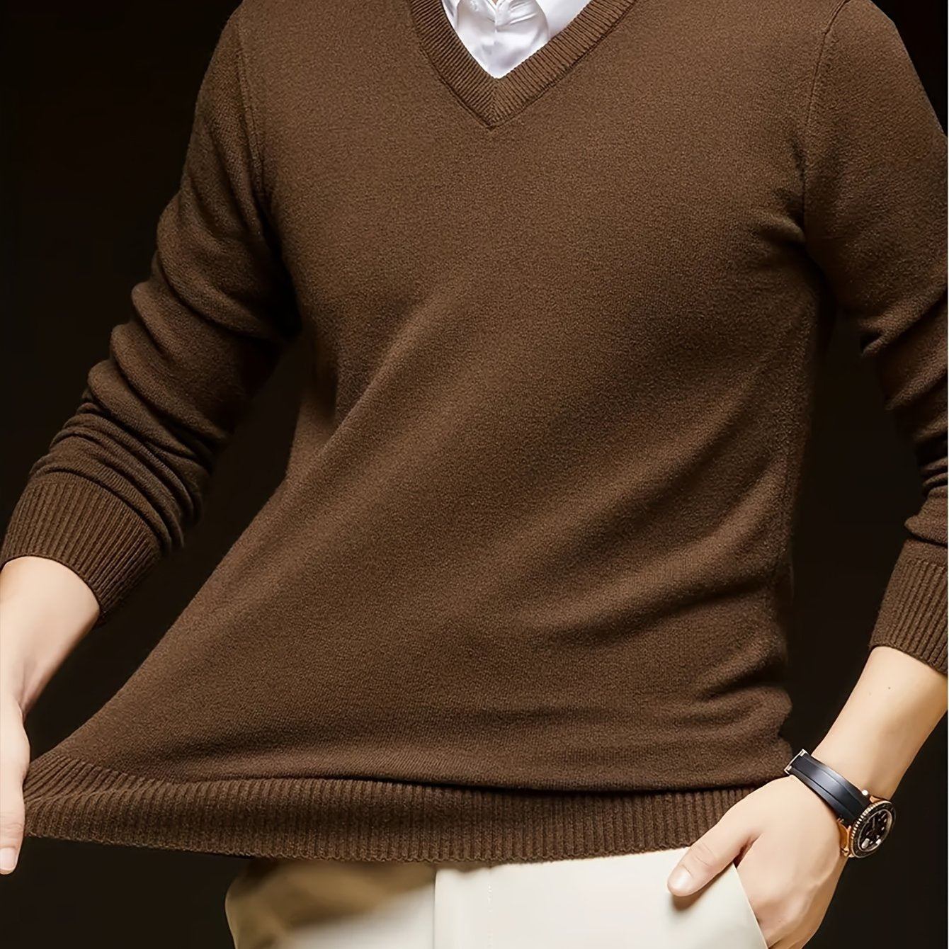 Men's Casual V-Neck Knit Sweater - Solid Color, Stretch Fabric, Long Sleeve Pullover for Fall & Winter