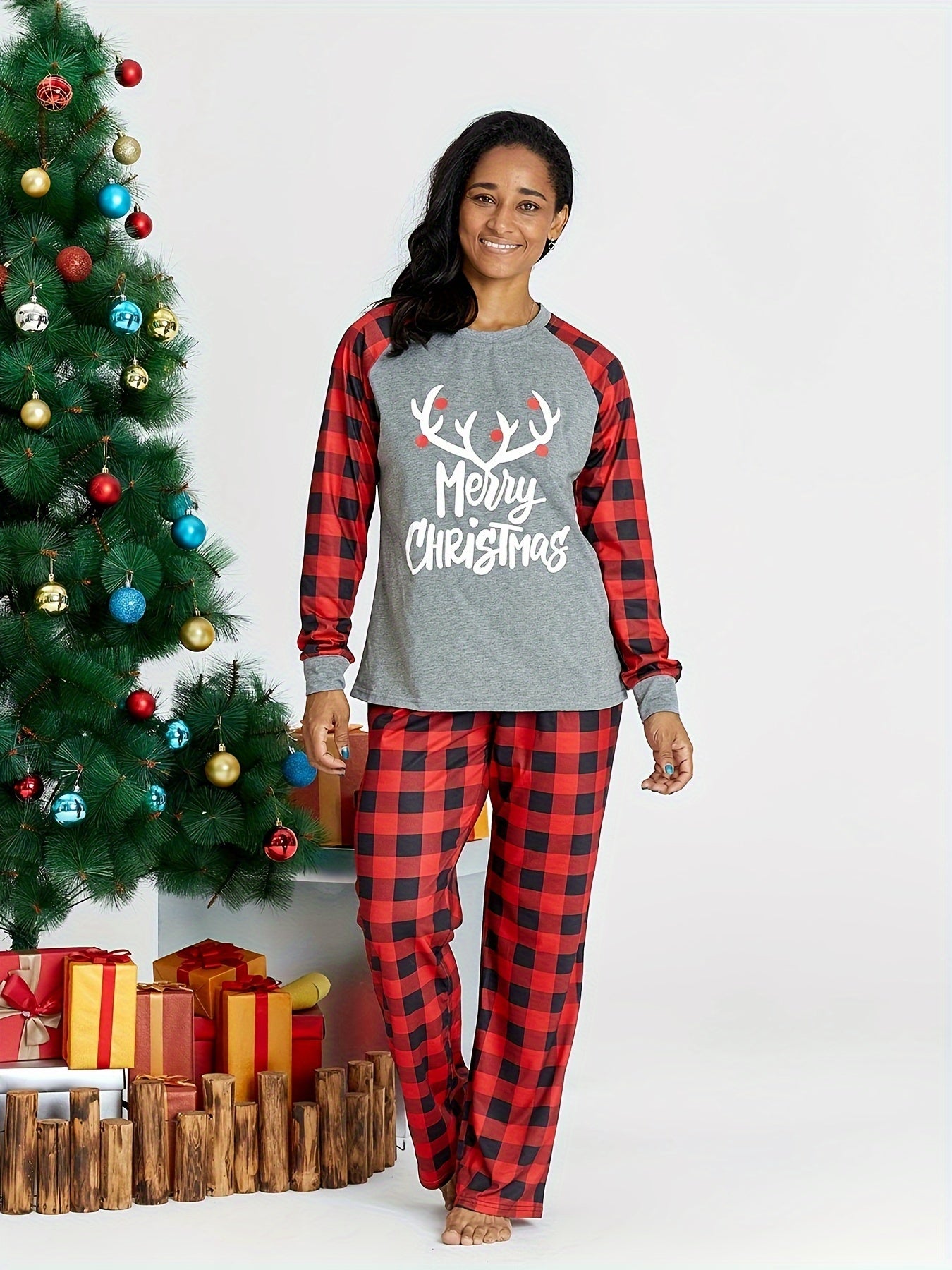 PatPat Merry Christmas Antler Letter Print Plaid Design Family Matching Pajamas Sets (Flame Resistant)