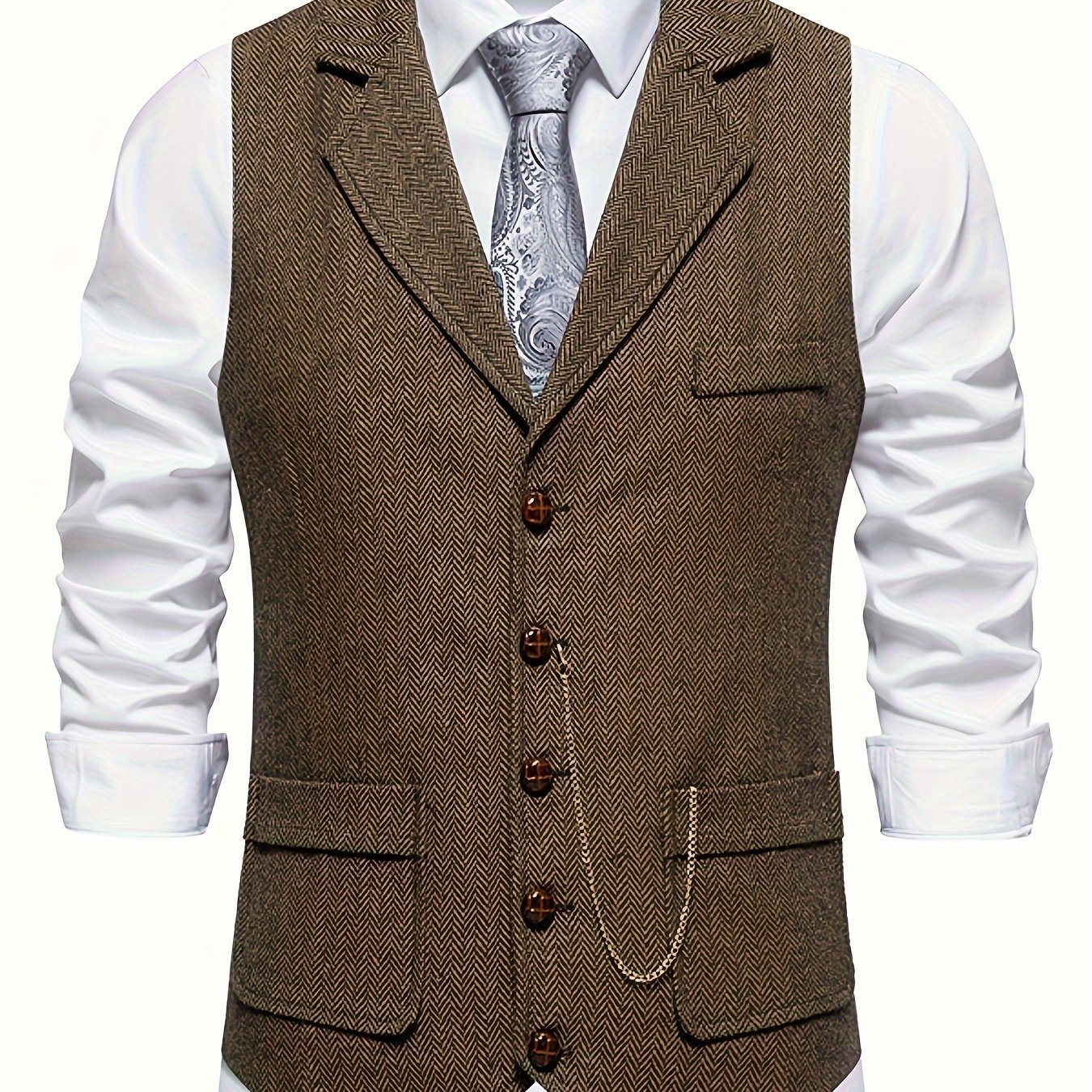 Single Breasted Men's Retro Herringbone Elegant Lapel Dress Waistcoat for Business Banquet Wedding