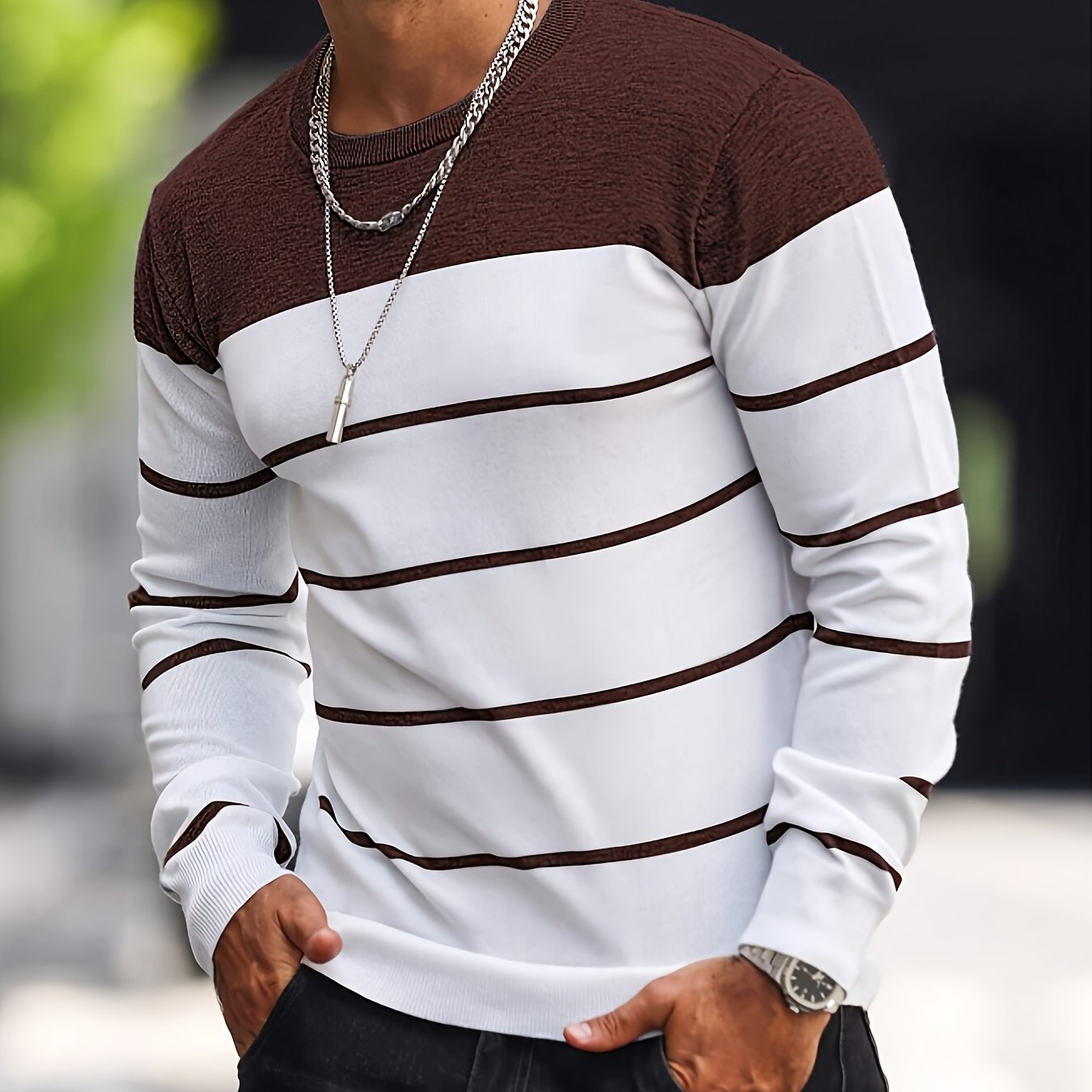 Men's Classic Striped Knit Pullover Sweater - Soft Medium Stretch Fabric, Crew Neck, Long Sleeve, Rib-Knit Details, Machine Washable - Perfect for Casual Spring and Fall Outings