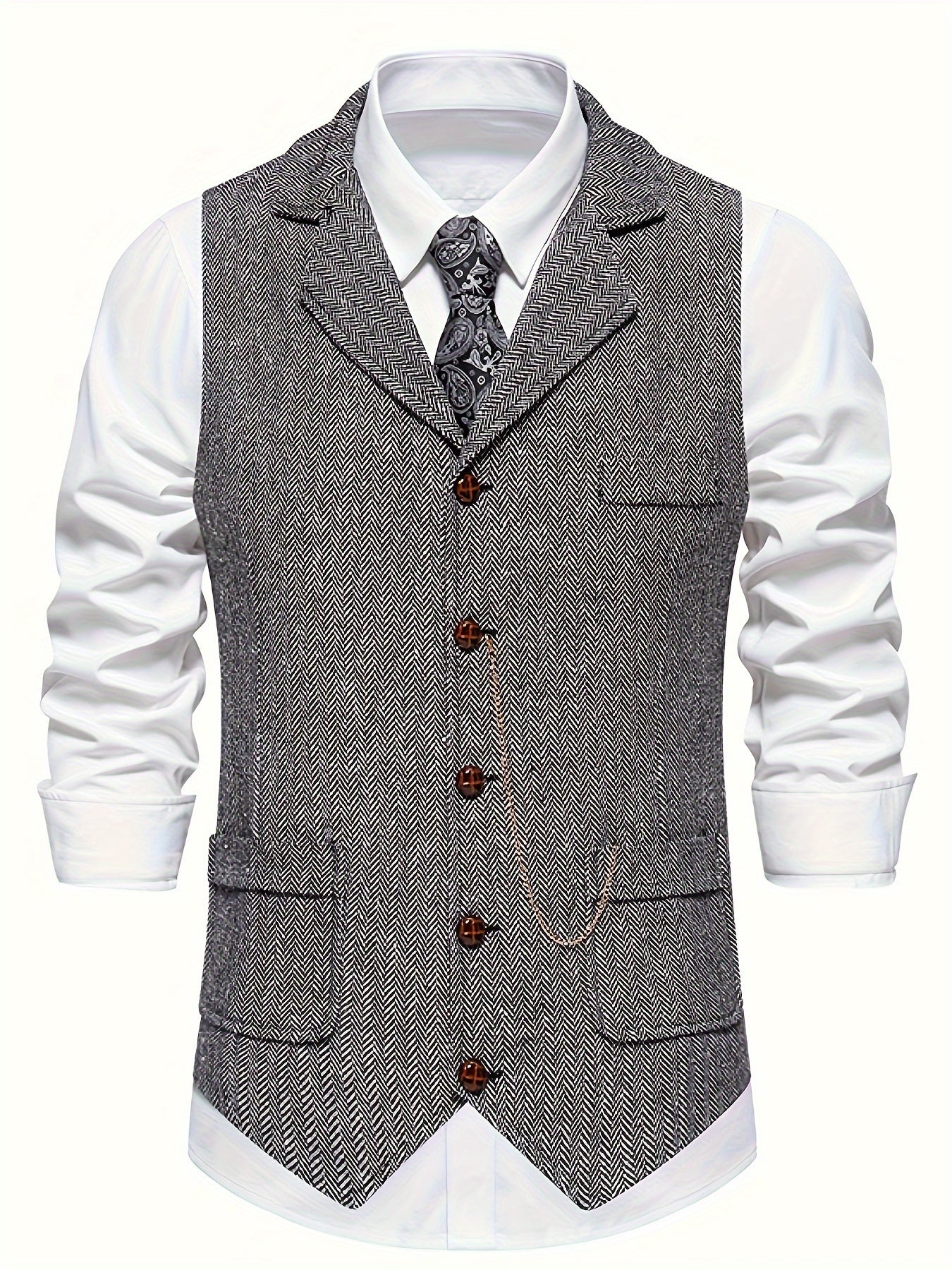 Single Breasted Men's Retro Herringbone Elegant Lapel Dress Waistcoat for Business Banquet Wedding