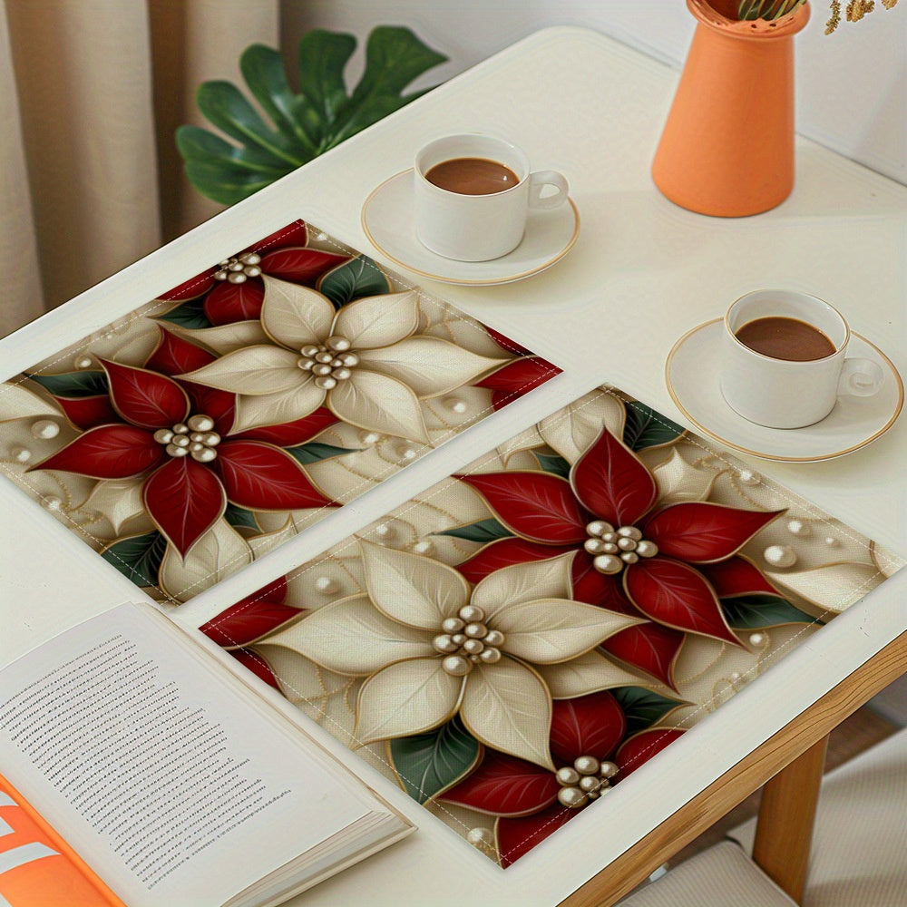 4-Pack Christmas Poinsettia Placemats, Polyester Table Mats, Rectangular Washable Kitchen Dining Decor, Machine Washable, Suige Home Brand