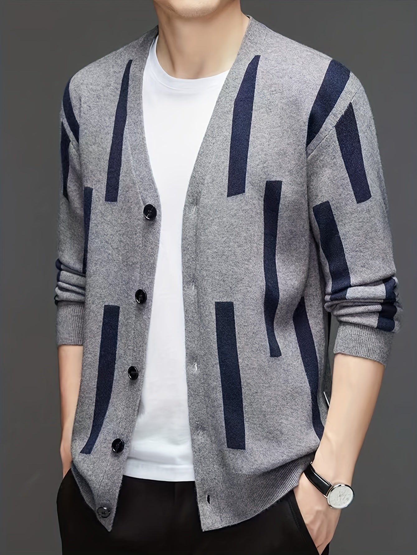 Mid Stretch Men's V-Neck Striped Button Up Cardigan Sweater For Casual Daily Wear