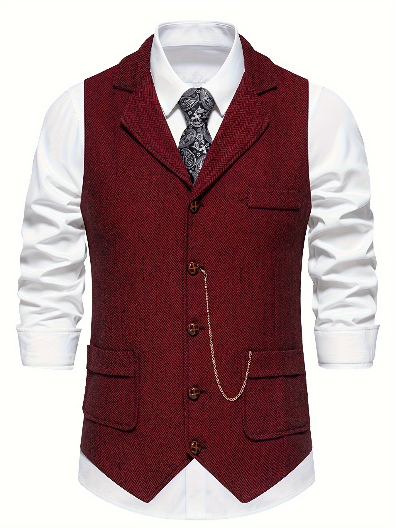 Single Breasted Men's Retro Herringbone Elegant Lapel Dress Waistcoat for Business Banquet Wedding