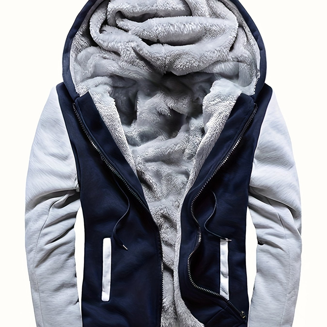 Men's Warm Fleece Hooded Jacket, Casual Color Block Jacket Coat For Fall Winter