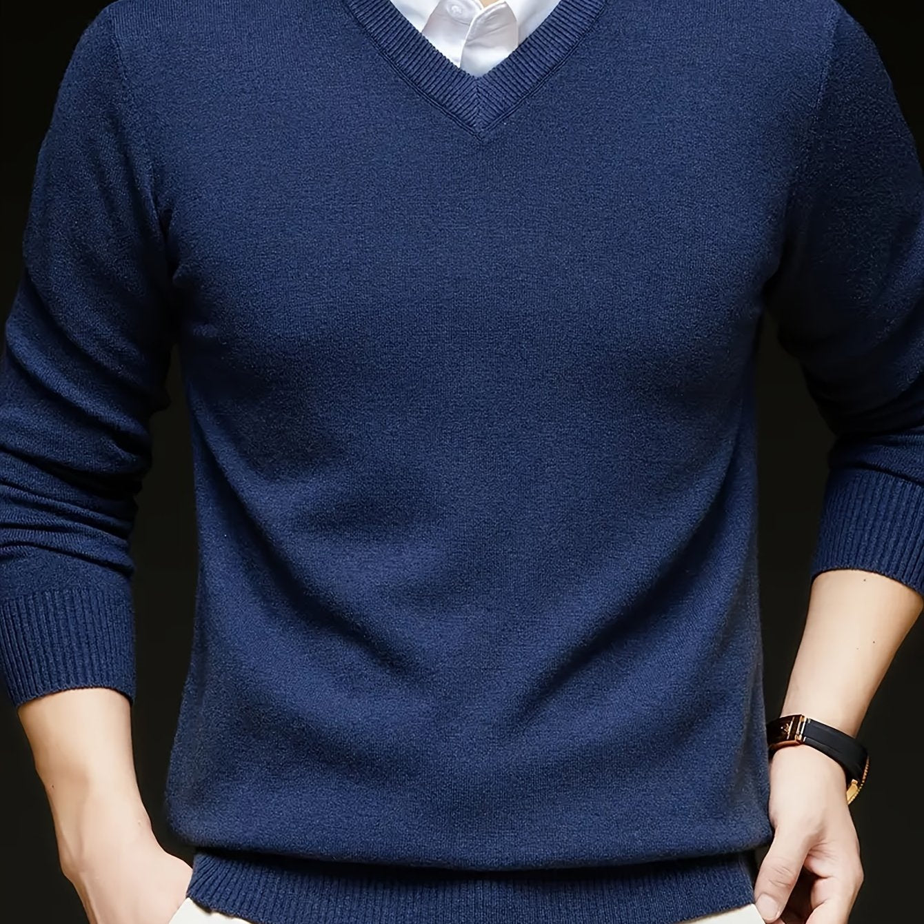 Men's Casual V-Neck Knit Sweater - Solid Color, Stretch Fabric, Long Sleeve Pullover for Fall & Winter