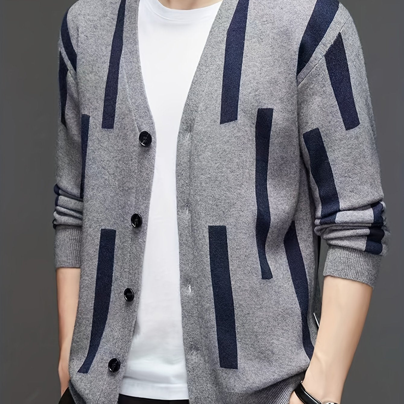 Mid Stretch Men's V-Neck Striped Button Up Cardigan Sweater For Casual Daily Wear