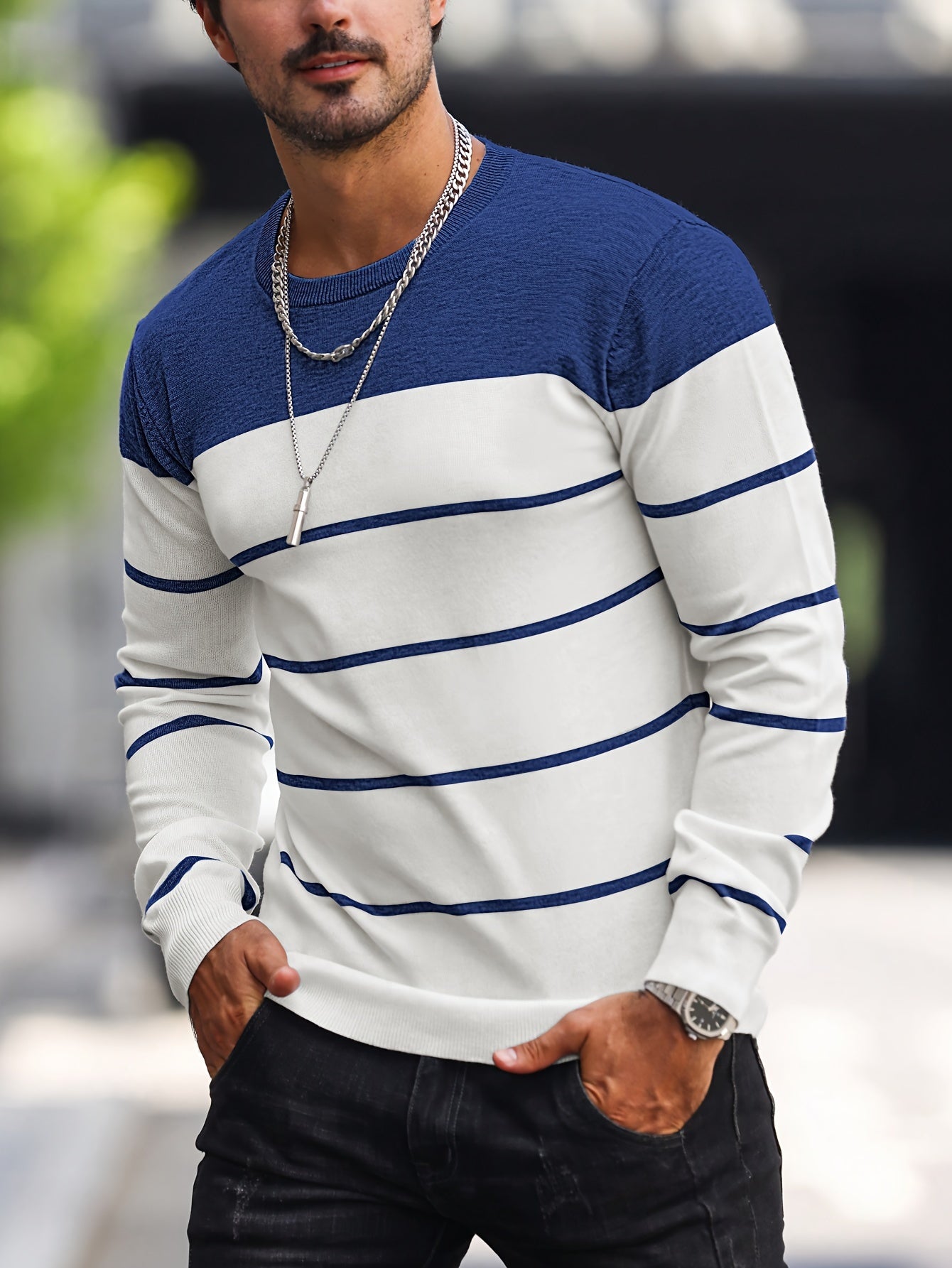 Men's Classic Striped Knit Pullover Sweater - Soft Medium Stretch Fabric, Crew Neck, Long Sleeve, Rib-Knit Details, Machine Washable - Perfect for Casual Spring and Fall Outings