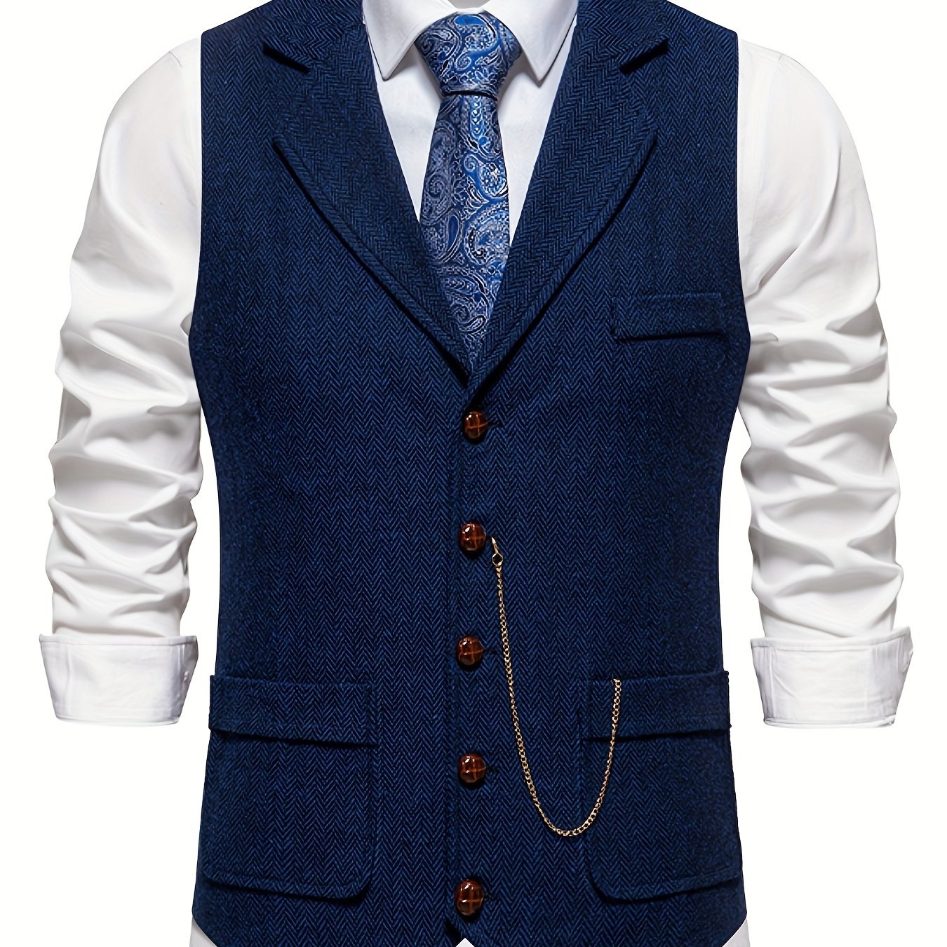 Single Breasted Men's Retro Herringbone Elegant Lapel Dress Waistcoat for Business Banquet Wedding