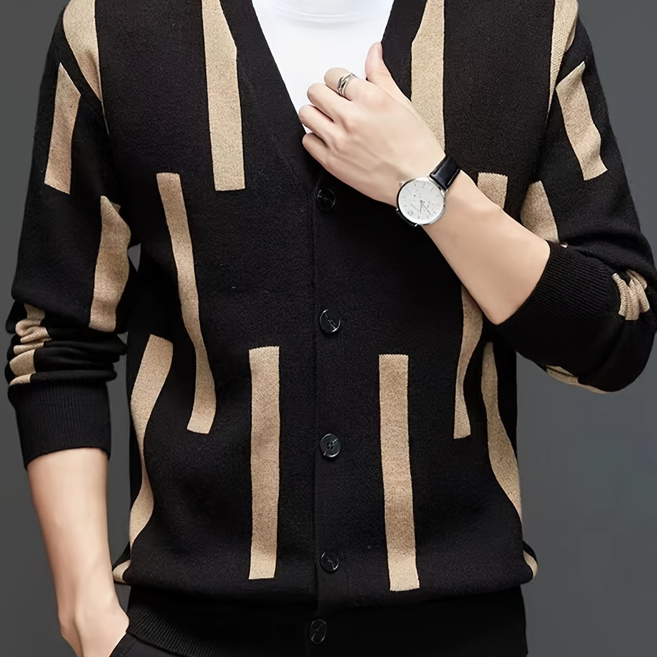 Mid Stretch Men's V-Neck Striped Button Up Cardigan Sweater For Casual Daily Wear