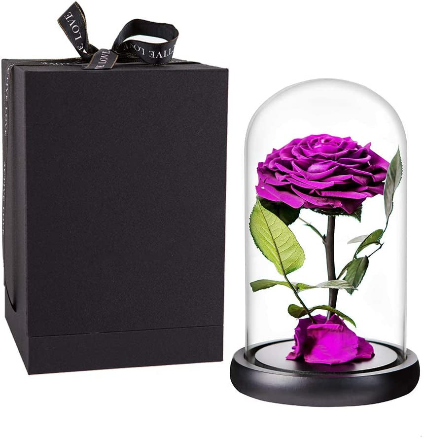 Real Preserved Purple Rose in Glass Dome with Wooden Base -Romantic Gifts for Her