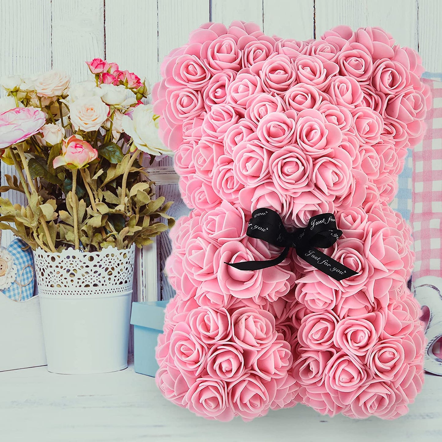 Silk Rose Pink Everlasting Flower Teddy Bear