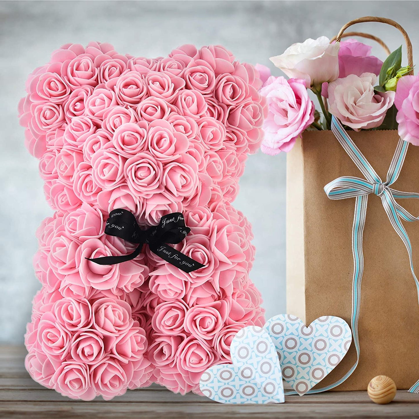 Silk Rose Pink Everlasting Flower Teddy Bear